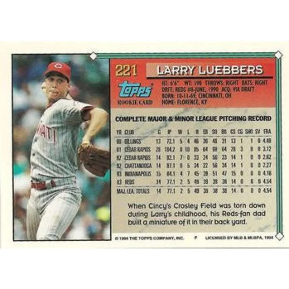 1994 Topps Larry Luebbers RC # 221 Cincinnati Reds